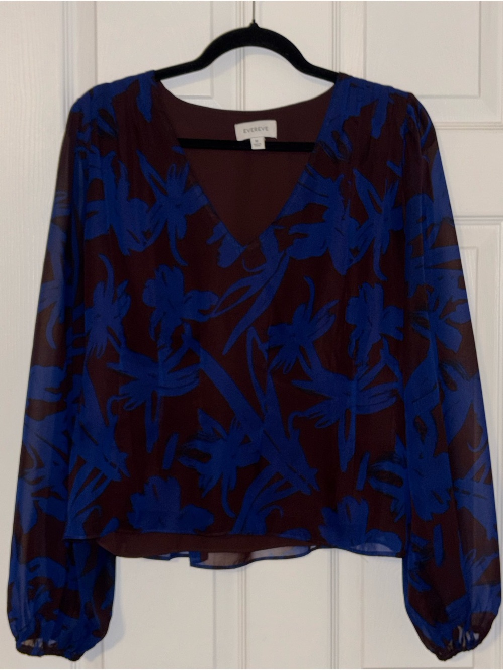 Evereve Brown/Blue Floral Print Chiffon "Harper" Seamed Peplum Blouse Size M